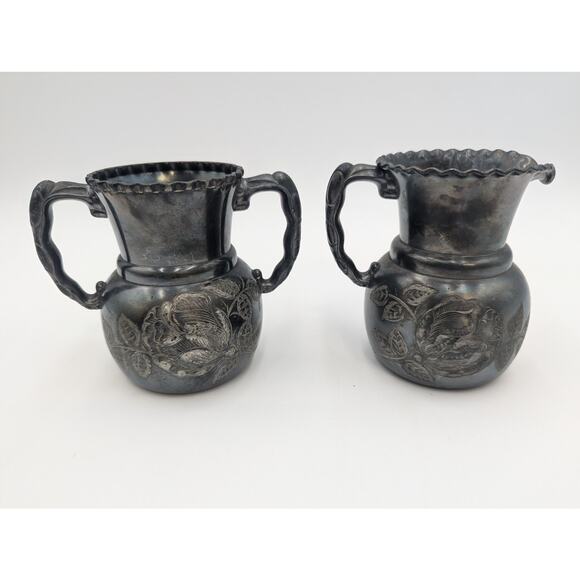 Vintage Wilcox Silverplate Hand Etched 3D Rose Detailed Creamer and Open Sugar - Picture 1 of 7